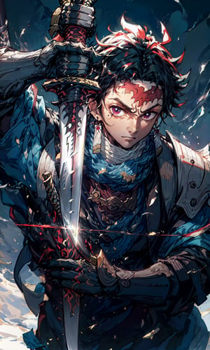 masterpiece, best quality, high quality, 1boy, solo, male focus, looking at viewer, upper body, , kamado_tanjirou, 

1male, 16k, hd, detailed, futuristic, masterpiece,katana,samurai, detailed face, complex_background,no_humans, detailed face, beautiful detailed eyes), High contrast, (best illumination, an extremely delicate and beautiful),dynamic pose, warzone,((holding dark sword with two hands, katana))
