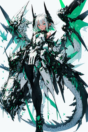Solo girl wearing, futuristic clothes, slender female, green chest plate, mechanical green dragon wings, mechanical green dragon tail, white hair, short hair, levitating in air, in center, looking at viewer, blue eyes, hands down, green futuristic legwear, green hand claws, lurple and green aesthetic background, 