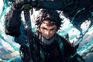 masterpiece, best quality, high quality, 1boy, solo, male focus, looking at viewer, upper body, , kamado_tanjirou, 

1male, 16k, hd, detailed, futuristic, masterpiece,katana,samurai, detailed face, complex_background,no_humans, detailed face, beautiful detailed eyes), High contrast, (best illumination, an extremely delicate and beautiful),dynamic pose, warzone,((holding dark sword with two hands, katana))