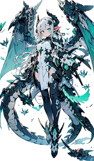  “best quality”, “masterpiece”, “illustration”, “1girl”, “solo”, “full body”, “Mecha”, “machine”, “Dragon ear”, “Blank background”, Dragon wings, dragon tail,and “dragon horn” “Mechanical body” vibrant green colour scheme, luminous wings, glowing claws, glowing horns, in center, symmetrical,  