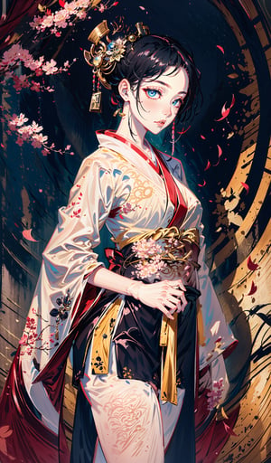 (masterpiece), (absurdres), (best quality), (intricate details:1.2)
(masterpiece), (absurdres), (best quality), (intricate details:1.2)
Solo Geisha women wearing her traditional yellow kimono with pink sakura leaves design on ut, face makeup, both lips painted red, blueeyes, eye_brow, symbol_shaped_pupils, in center, looking at left side, hand down, wewring a red sash around her waist, standing pise, sakyra leaves in air, expressionlessface, black tied hair, hair pins,  ,no_humans,scenery