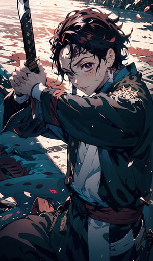 best quality, high quality, 1boy, solo, male focus, looking at viewer, upper body, , kamado_tanjirou, 1male, 16k, hd, detailed, futuristic, masterpiece, katana, samurai, detailed face, complex_background, no_humans, detailed face, beautiful detailed eyes), High contrast, (best illumination, an extremely delicate and beautiful), dynamic pose, warzone, ((holding dark sword with two hands, katana)),kamado_tanjirou,zhongfenghua full body,dapped sunlight, realistic shadows 