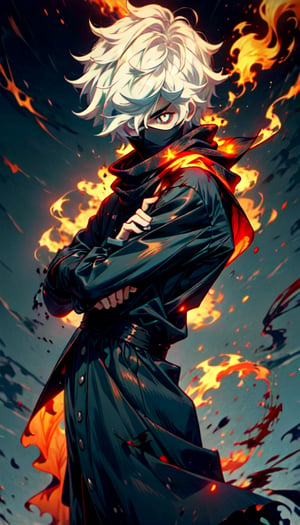 Gabimaru wearing a black ninja dress, white hair, levitating hair, detailed eyes, detailed flames around him , looking at the viewer,on right side of image, wearing a black scarf, blood on his clothes ,blood on his clothes ,no mask 