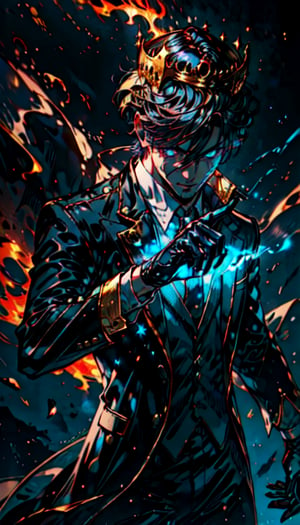 (8k, RAW photo, best quality, masterpiece:1.2), (realistic, photo-realistic:1.37), a anime prince , crown made of pure golden light on his head, glowing blue eyes,  dark purple monochromatic flames around him, wearing a black suit, silhouette on flames, wearing gloves, on right side, 