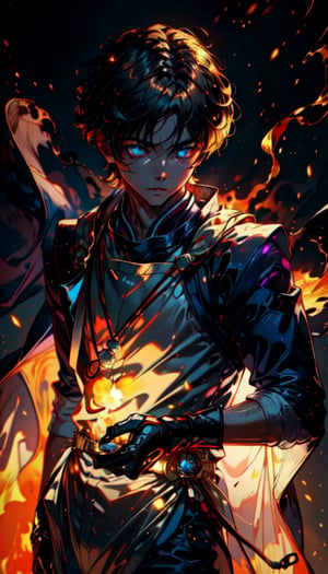 (8k, RAW photo, best quality, masterpiece:1.2), (realistic, photo-realistic:1.37), a anime prince , crown made of pure golden light on his head, glowing blue eyes,  dark purple monochromatic flames around him, wearing a black suit, silhouette on flames, wearing gloves, on right side, ,kabukimono