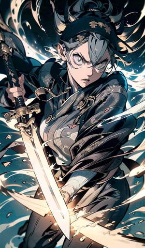 (8k, RAW photo, best quality, masterpiece:1.2), (realistic, photo-realistic:1.37), masterpiece, best quality (dynamic lighting:1.2), (depth of field), (sharp focus,) (hyper-detailed), (cinematic lighting,) (delicate elegant facial features)
Asta from black clover, wearing brown pants,, black bull robe, black bulls headband, grey hairz levitating hair, serious eyes, black shirt, Right hand demon form, red veins, holding a black dark magic great sword in his right hand, in center, full body picture, right hand on sword 