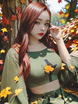 Druid, (autumn, autumn leaves), pine hair, green eyes, nature, forest, witchcraft, , Strong and vibrant  64k, variation-imagine --s2,cibertribal,1girl,gahyeon,hyelin,valorantviper big boob