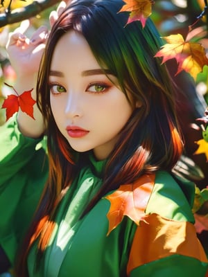 Druid, (autumn, autumn leaves), orange hair, green eyes, nature, forest, witchcraft, , Strong and vibrant colors 64k, variation-imagine --s2,cibertribal,1girl,gahyeon,hyelin,valorantviper