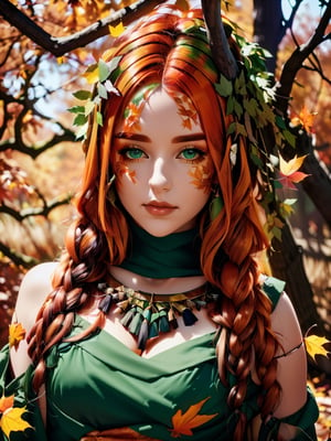 Druid, (autumn, autumn leaves), orange hair, green eyes, nature, forest, witchcraft, , Strong and vibrant colors 64k, variation-imagine --s2,cibertribal,1girl