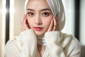 xxmix_girl,a close up of a person of woman wearing hijab, with a white sweater on, hand_holding_touching an earing, have a light shining on her face,shorthair, use earings, shawl, hijab_necklace_earring_jewelery, 