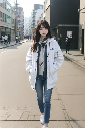 one girl on the street use white cardigan jacket