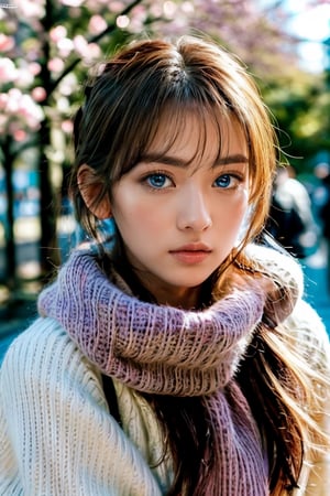 masterpiece, high definition,masterpiece, high definition, 4k, sakura_miyawaki_girls,Miyawaki, white_sweater_scarf_brown color_pupil eyes,Sakura,Detailedface