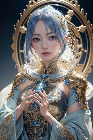 surreal photography of a stunningly beautiful cyborg female, blue eyes, embraced, delicate gold filigree, intricate detailed, glowing, in the style of beth cavener, jin kagetsu, and wlop, highly detailed, intricate filigree, chrome face symmetry, masterpiece, award - winning, sharp focus, concept art, high key, ambient lighting, 8 k, octane render,Miyawaki