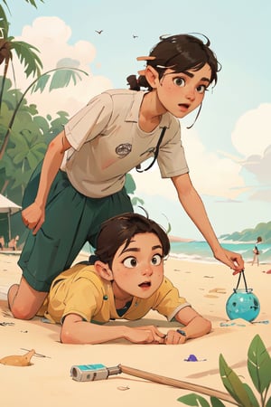 illustration of a dad(putra) an his girlfriend(eva elfie) playing on the beach,art by Atey Ghailan,masterpiece, perfect anatomy,perfect detailed face, detailed symmetric hazel eyes with circular iris,Detailed face,