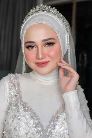 Close-up MUA photography of Syifa Hadju, a hijab woman with a white color themed outfit and a dark backdrop, in the style of MU4,