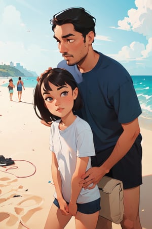 illustration of a dad(putra) an his girl(Sasha Grey) playing on the beach,art by Atey Ghailan,,masterpiece,detailed face, detailed eyes, perfect anatomy,Detailedface
,Detailedface,