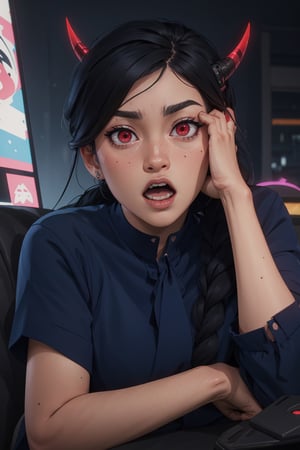 1girl, blue braid hairs, devil red eyes, wearing black bikini aside,high res, ultrashrap, 8k, masterpiece looking at viewer.     ,a_line_haircut, hand on own face, surprised, open mouth,JinxLol,full body, cyberpunk,Detailedface,alessa