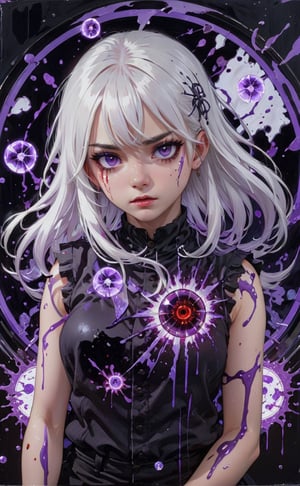 Anime artwork. 1girl,  white hair, purple eyes, bangs, blood splatter, swirling black light around the character, black light particles, broken glass, magic circle, art by J.C. Leyendecker,nindi
