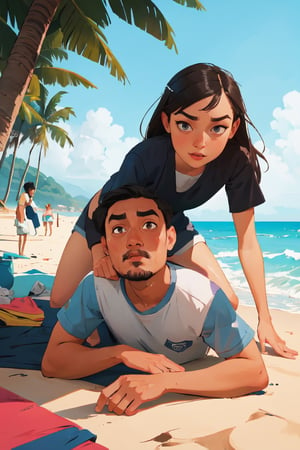 illustration of a dad[putra] an his girl[Sasha Grey] playing on the beach,art by Atey Ghailan,,masterpiece,detailed face, detailed eyes, perfect anatomy,Detailedface
,Detailedface,