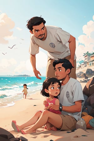 illustration of a dad(putra) an his girl playing on the beach,art by Atey Ghailan,,masterpiece,detailed face, detailed eyes, perfect anatomy,Detailedface
,Detailedface
