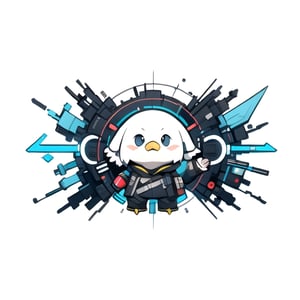 centered, solo, full body, digital art, | cute eagle head, chibi, metal, black and blue sky futuristic costume, neon lights, | (white background:1.2), simple background, | (symetrical), ,Animal