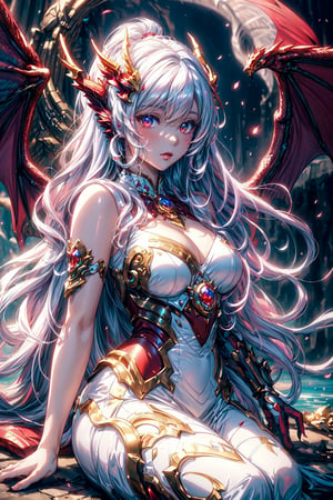 masterpiece, 1 girl, Extremely beautiful woman sitting at the edge of a lake with very large glowing dragon wings, glowing hair, long cascading hair, white hair with crimson highlights, crimson dress with white skirt, dawn, full lips, hyperdetailed face, detailed eyes, dynamic pose, cinematic lighting, pastel colors, perfect hands, dragon girl, girl with dragon wings, dark fantasy