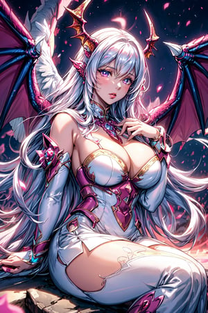 masterpiece, 1 girl, Extremely beautiful woman sitting at the edge of a lake with very large glowing dragon wings, glowing hair, long cascading hair, white hair, crimson dress with white skirt, dawn, full lips, hyperdetailed face, detailed eyes, dynamic pose, cinematic lighting, pastel colors, perfect hands, dragon girl, girl with dragon wings, dark fantasy