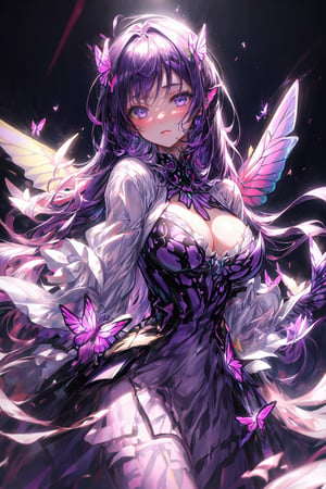 masterpiece, 1 girl, Extremely beautiful woman standing in a glowing lake with very large glowing purple butterfly wings, glowing hair, long cascading hair, neon purple hair, ornate purple and white butterfly dress, twilight, lots of glowing butterflies flying around, full lips, hyperdetailed face, detailed eyes, dynamic pose, cinematic lighting, innocent maiden,HeadpatPOV