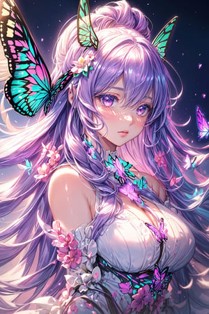 masterpiece, 1 girl, Extremely beautiful woman standing in a lake with very large glowing lavender butterfly wings, glowing hair, long cascading hair, neon hair, ornate lavender and white butterfly dress, twilight, lots of glowing butterflies flying around, full lips, hyperdetailed face, detailed eyes, dynamic pose, cinematic lighting, pastel colors