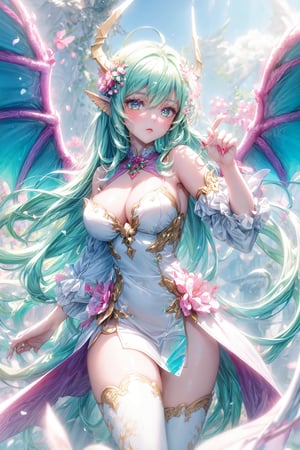 masterpiece, 1 girl, Extremely beautiful woman standing in a lake with very large glowing dragon wings, glowing hair, long cascading hair, neon mint green hair, mint green and white dress, twilight, lots of tiny fairies flying around, full lips, hyperdetailed face, detailed eyes, dynamic pose, cinematic lighting, pastel colors, perfect hands, dragon girl, girl with dragon wings, dark fantasy