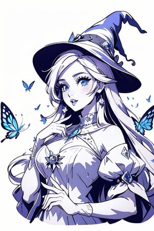 masterpiece, best quality, illustration, sketch, monchrome, with no shadow, white background, (lineart), (colorless), (add_detail:-0.8), (monchrome), upper body only, body facing viewer, a beautiful witch casting a spell with butterflies around her, elegant dress, wizard hat with jewels, elegant, very long hair, white background, detailed eyes, big eyes, full lips, Fantasy,Flatorte