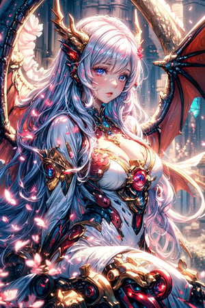 masterpiece, 1 girl, Extremely beautiful woman sitting at the edge of a lake with very large glowing dragon wings, glowing hair, long cascading hair, white hair, crimson dress with white skirt, dawn, full lips, hyperdetailed face, detailed eyes, dynamic pose, cinematic lighting, pastel colors, perfect hands, dragon girl, girl with dragon wings, dark fantasy