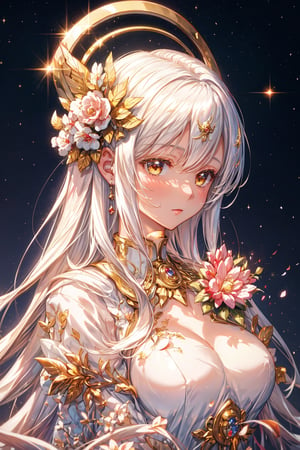 masterpiece, 1 girl, close up of a beautiful woman with white hair, flame head, portrait of queen of light, extremely detailed goddess shot, goddess art, npc with a saint\'s halo, by Hidari Jingorō, goddess portrait, goddess of light, angelic halo, epically luminous image, halo, celestial aura, bright divine lighting, Goddess of life