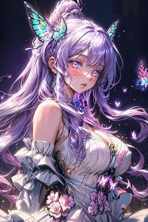 masterpiece, 1 girl, Extremely beautiful woman standing in a lake with very large glowing lavender butterfly wings, glowing hair, long cascading hair, neon hair, ornate lavender and white butterfly dress, twilight, lots of glowing butterflies flying around, full lips, hyperdetailed face, detailed eyes, dynamic pose, cinematic lighting, pastel colors