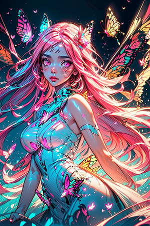 masterpiece, 1 girl, Extremely beautiful woman standing in a glowing lake with very large glowing pink butterfly wings, glowing hair, long cascading hair, neon hair, ornate pink and white butterfly dress, midnight, lots of glowing butterflies flying around, full lips, hyperdetailed face, detailed eyes