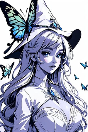masterpiece, best quality, illustration, sketch, monchrome, with no shadow, white background, (lineart), (colorless), (add_detail:-0.5), (monchrome), upper body only, body facing viewer, a beautiful witch casting a spell with butterflies around her, ornate sexy dress, wizard hat with jewels, elegant, very long hair, white background, detailed eyes, big eyes, full lips, Fantasy