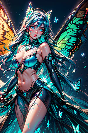 masterpiece, 1 girl, Extremely beautiful woman standing in a glowing lake with very large glowing blue butterfly wings, big butterfly wings, glowing hair, long cascading hair, neon hair, ornate butterfly dress, midnight, lots of glowing butterflies flying around, full lips, hyperdetailed face, detailed eyes, belly_dancer