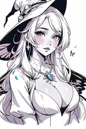 masterpiece, best quality, illustration, sketch, monchrome, with no shadow, white background, (lineart), (colorless), (add_detail:-1), (monchrome), upper body only, body facing viewer, a beautiful witch casting a spell with butterflies around her, elegant dress, wizard hat with jewels, elegant, very long hair, white background, detailed eyes, big eyes, full lips, Fantasy,Flatorte