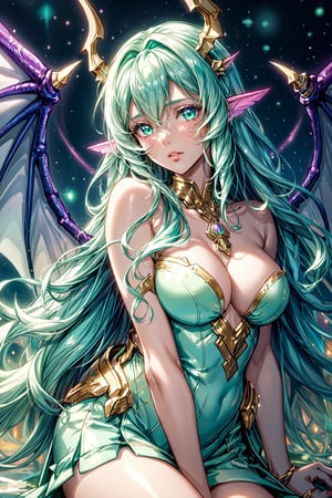 masterpiece, 1 girl, Extremely beautiful woman sitting at the edge of a lake with very large glowing dragon wings, glowing hair, long cascading hair, neon mint green hair, mint green and white dress, twilight, lots of tiny fairies flying around, full lips, hyperdetailed face, detailed eyes, dynamic pose, cinematic lighting, pastel colors, perfect hands, dragon girl, girl with dragon wings, dark fantasy