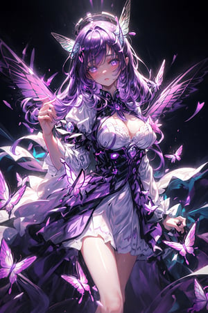 masterpiece, 1 girl, Extremely beautiful woman standing in a glowing lake with very large glowing purple butterfly wings, glowing hair, long cascading hair, neon purple hair, ornate purple and white butterfly dress, twilight, lots of glowing butterflies flying around, full lips, hyperdetailed face, detailed eyes, dynamic pose, cinematic lighting, innocent maiden