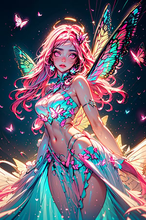 masterpiece, 1 girl, Extremely beautiful woman standing in a glowing lake with very large glowing pink butterfly wings, glowing hair, long cascading hair, neon hair, ornate pink and white butterfly dress, midnight, lots of glowing butterflies flying around, full lips, hyperdetailed face, belly_dancer, detailed eyes