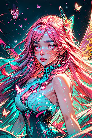 masterpiece, 1 girl, Extremely beautiful woman standing in a glowing lake with very large glowing pink butterfly wings, glowing hair, long cascading hair, neon hair, ornate pink and white butterfly dress, midnight, lots of glowing butterflies flying around, full lips, hyperdetailed face, detailed eyes