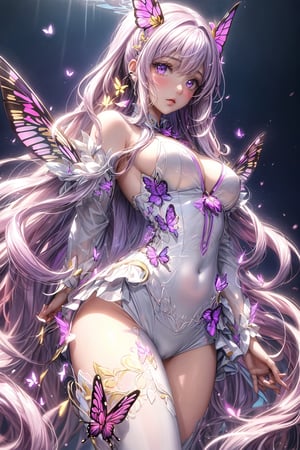 masterpiece, 1 girl, Extremely beautiful woman, looking up, standing in a lake with very large glowing lavender butterfly wings, glowing hair, long cascading hair, neon hair, ornate lavender and white butterfly dress, twilight, raining, lots of glowing butterflies flying around, full lips, hyperdetailed face, detailed eyes, dynamic pose, cinematic lighting, pastel colors