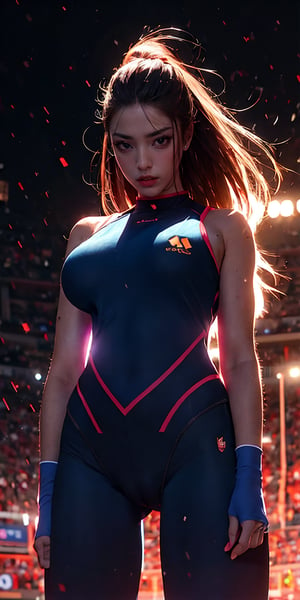 (flat vector illustration:1.3), (((action packed))), closeup, huge breasts, 1girl, bokeh, stadium, sports competitions, rivalry, thirst for victory, floating hair, a determined look, detailed eyes, big lips, wide-eyed, clenched teeth, cleavage, cameltoe, sport wear, fitness ass , good physical condition, tong,r1ge,	 SILHOUETTE LIGHT PARTICLES