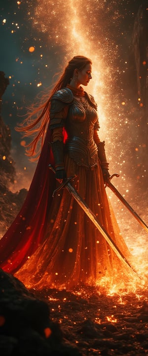 striking and surreal scene that combines elements of both the natural world and fantasy. Woman is surrounded by a burst of colorful sparks, which appear to be emerging from her dress, creating a dynamic and whimsical effect. FredFraiStyle. long haired shrouded Silhouette of a charming woman with towering billowing Hair and fire Cape, Standing Battle ready with powerful thin Long sword, vibrant red/beige Gradient, Highly detailed close-up action scene of a knight in intricately patterned armor. holding a blazing legendary sword. The scene is set in a misty, fog-filled night with a vibrant color palette with deep blacks. RAW photo, great lighting, intricate detail