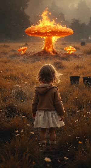 a small child stands in a field of tall brown grass, looking up at a giant mushroom that is burning in the distance. The mushroom is glowing with a bright orange hue, adding a pop of color to the scene. The child's hair is short and brown, and she is wearing a long-sleeved white dress with a brown jacket draped over her shoulders. There are two black buckets on the right side of the image, adding contrast to the overall composition.RAW photo, great lighting, intricate detail