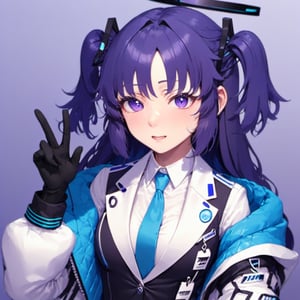 1girl, YUUKA, bangs, black gloves, breasts, eyebrows visible through hair, gloves, gradient, gradient background, hair ornament, halo, jacket, long hair, long sleeves, looking at viewer, necktie, off shoulder, open clothes, purple eyes, purple hair, shirt, solo, twintails, two side up, upper body, v, white shirt,