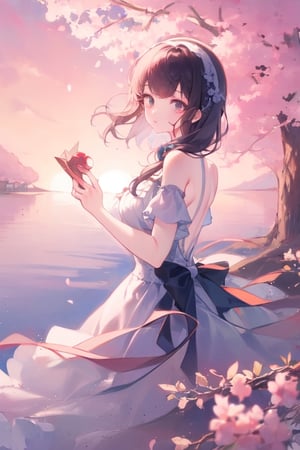 Cherry trees, beautiful sunset, wonderful girl, beautiful dress, quiet drawing, nostalgia for the past,pastel