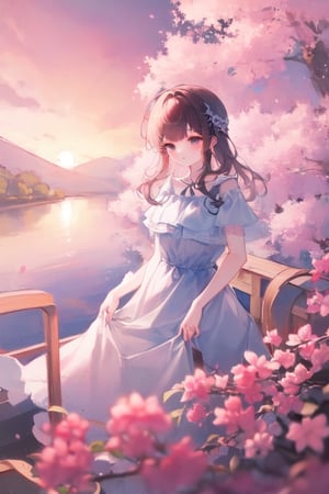 Cherry trees, beautiful sunset, wonderful girl, beautiful dress, quiet drawing, nostalgia for the past,pastel