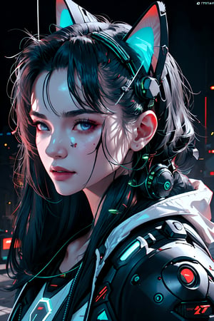 1cyberpunk girl,((ultra realistic details)), portrait, detailed face,global illumination, shadows, octane render, 8k, ultra sharp, neon,intricate, ornaments detailed, cold colors, egypician detail, highly intricate details, realistic light, trending on cgsociety, glowing eyes, facing camera, blurred neon city background, neon details, mechanical limbs, white hoodie,blood vessels connected to tubes,mechanical cervial attaching to neck,,blood,killing machine,SAM YANG,ppcp,cat ear,glass